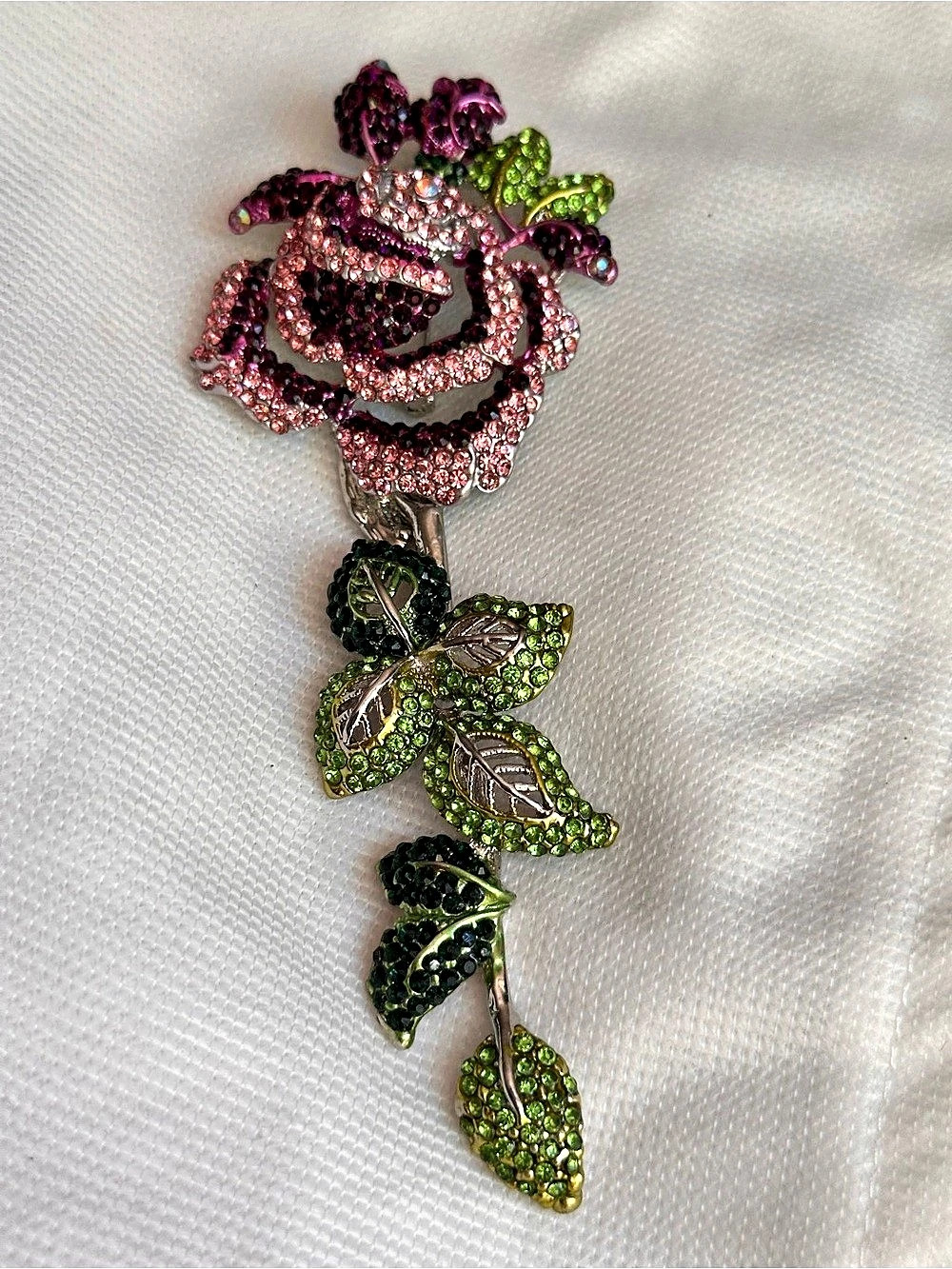 Rhinestone Rose Brooch in Pink & Green Like New